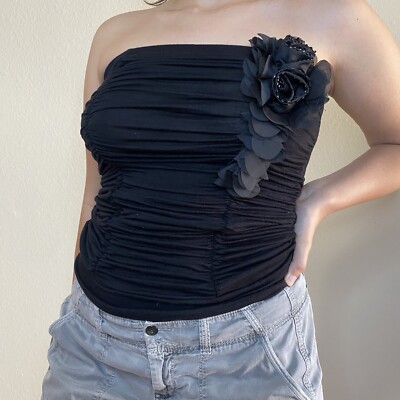 Y2k Black Ruffle Boob Tube with Rose Appliqué and Beaded Details