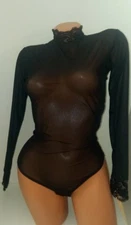  lady  M sheer  black bodysuit long sleeve  sheer sexy thong bottom