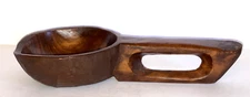 ANTIQUE HAND CARVED WOOD LADLE SCOOP. AMAZING CARVING FOR IT IS DOUBLE HANDLED.