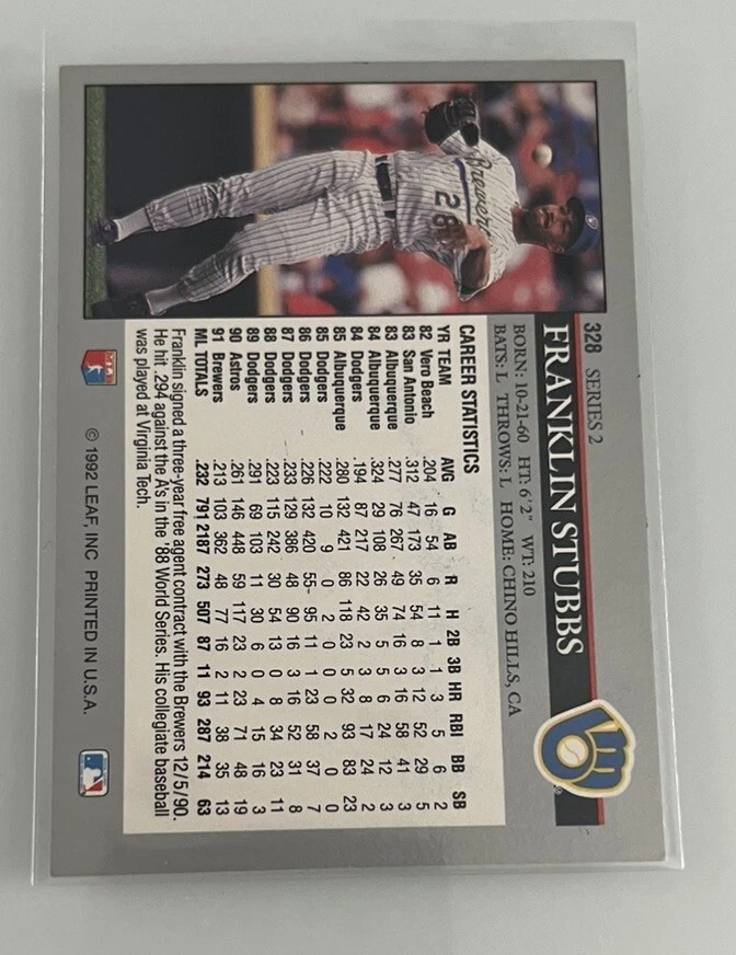 1992 Leaf Franklin Stubbs #328 Auto Autograph Signed Milwaukee Brewers - Image 2 of 2