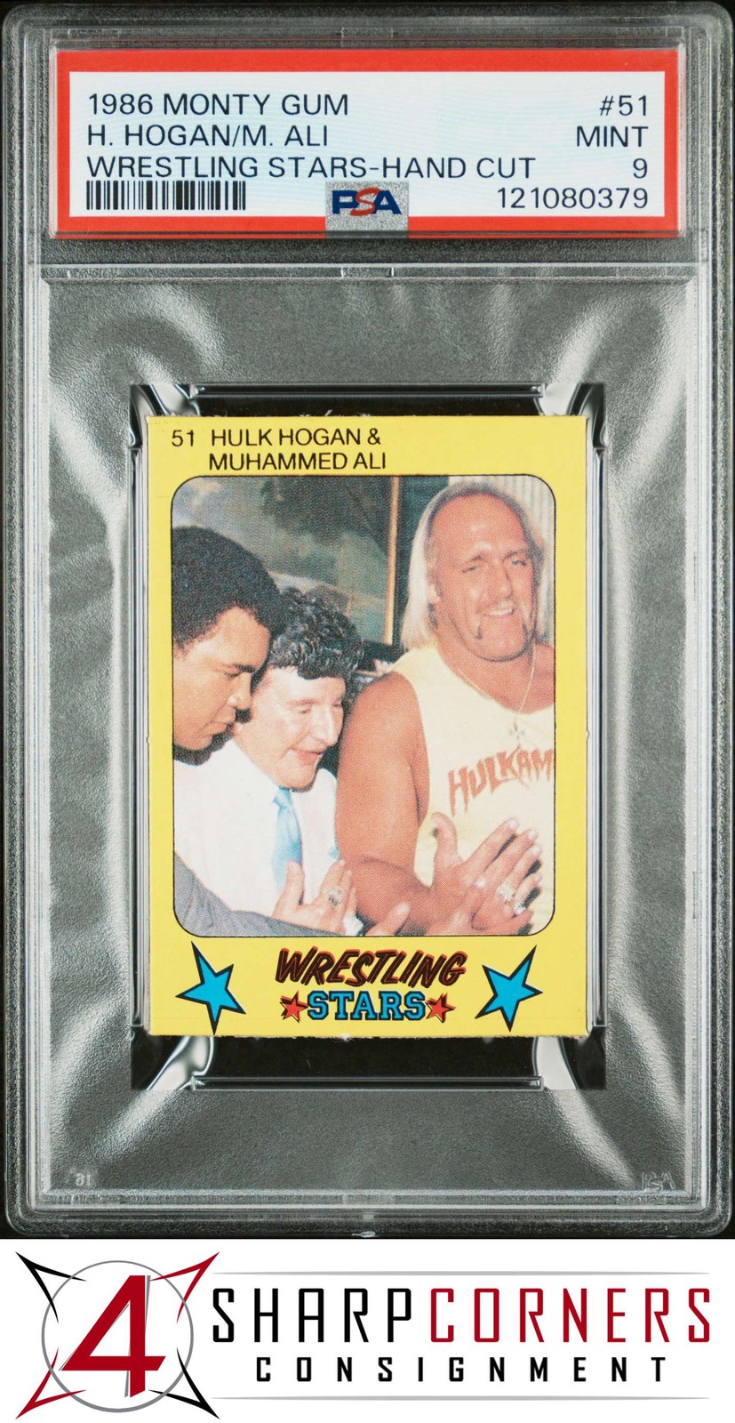 1986 MONTY GUM WRESTLING STARS HAND CUT #51 HULK HOGAN-MUHAMMED ALI HOF PSA 9 view 1