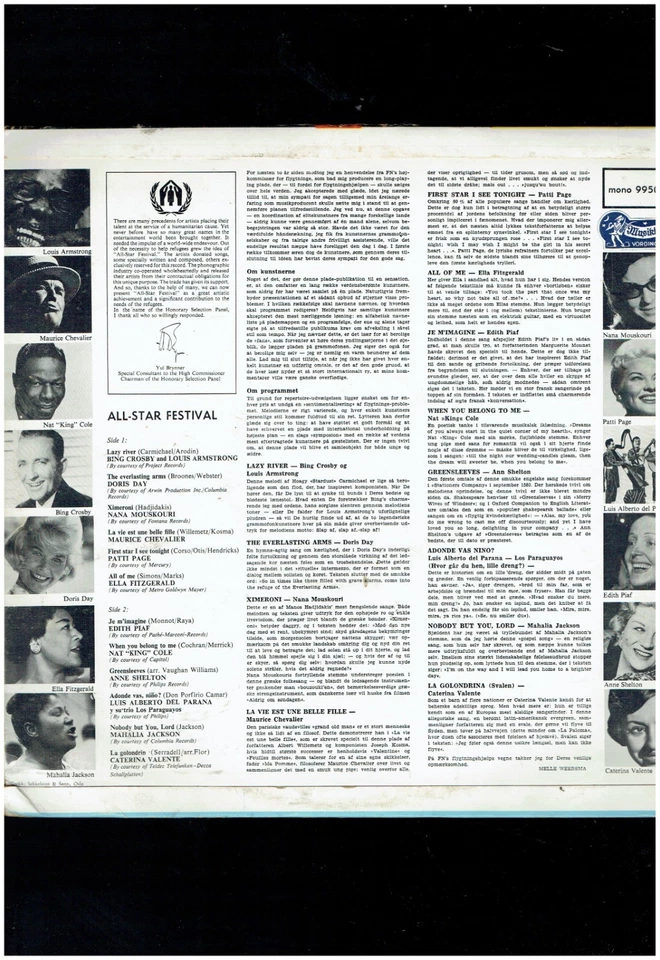 ALL STAR FESTIVAL VINYL  ALBUM ELLA FITZGERALD LOUIS ARMSTRONG DORIS DAY - Image 2 of 2