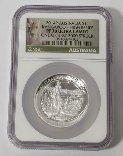 2014 AUSTRALIA $1 PROOF KANGAROO HIGHT RELIEF NGC PF 70 ULTRA CAMEO 1st 2000