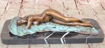 Original Milo Green Patina Fully Nude girl Bronze Sculpture Marble Base Figurine
