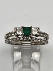 14k Solid White Gold Emerald & Diamond Wedding Ring Set Size 9 — photo 1