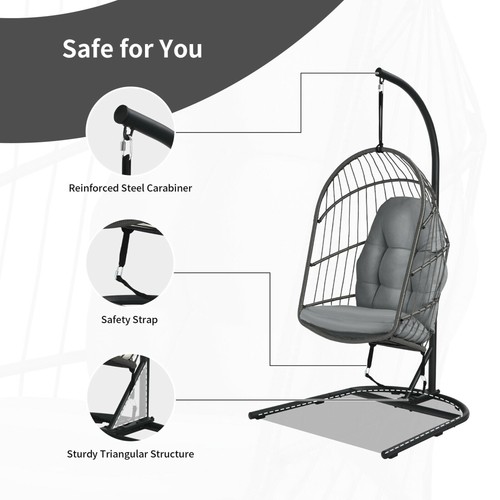 Hanging Hammock Egg Chair Patio Rattan Swing Chair w/ Stand & Grey Cushions - Picture 6 of 9