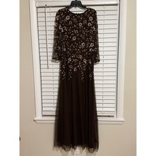 Adrianna Papell Chocolate Brown Floral Sequin Beaded Gown Dress EUC Size 10