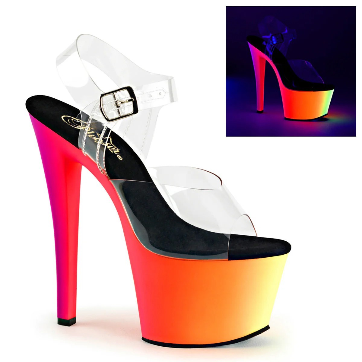 PLEASER RAINBOW PLATFORM HEELS POLEDANCING POLEDANCER UV REACTIVE OMBRE 35 UK 2