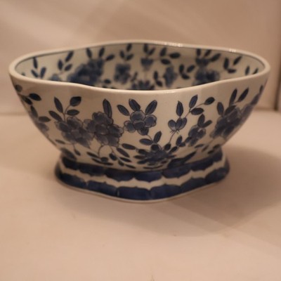 Lovely Blue and White Oval Bowl on a Pedestal Base