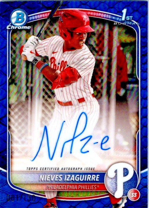 2025 Bowman 1st Chrome CPA-NI Nieves Izaguirre /150 Blue Reptilian Auto Phillies