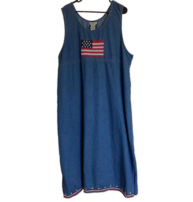 VINTAGE Blue Denim American Flag Dress Womens 24W Plus Embroidered 100% Cotton