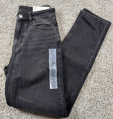 NEW American Eagle Womens Mom Jean High Rise Black Strigid Denim Distressed 0
