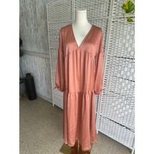 Asos Design Women's US 6 Satin Tiered Trapeze Midi Smock Dress Dusky Pink