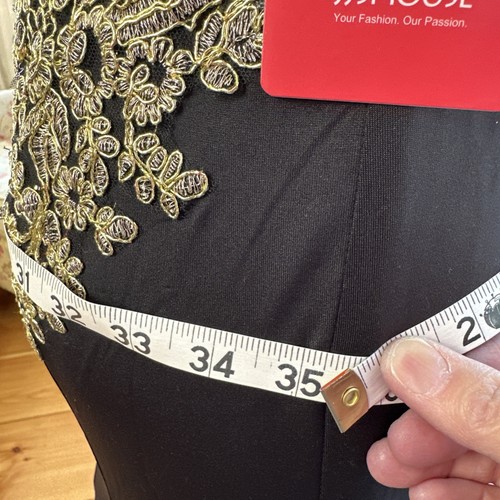 JJ's House Gown Dress Sz 4 Black Gold Embroidery Formal Wedding Gold Trim Train - Picture 17 of 21