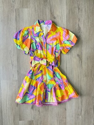 alivia mini dress ALIVIA Shirt Dress Mini Multi Color Puff Sleeve Button Front w/ Belt SMALL