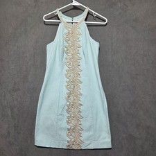 Lilly Pulitzer Dress Women's Size 4 Suzette Serene Blue Metallic Gold Cording