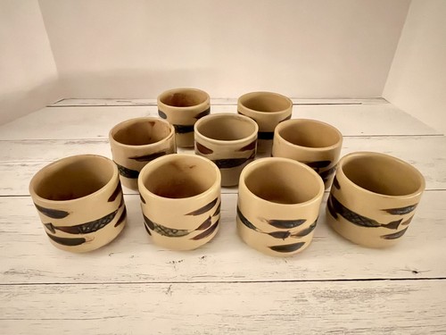 Japanese Yunomi Tea Cup Set of 2/ Swimming Fish Hand Painted Stoneware Pottery - Picture 1 of 11