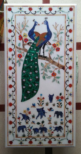 5'x2.5' white marble table top dining inlay lapis wall peacock panel decor - Picture 3 of 4