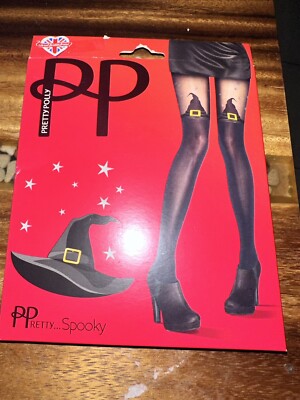 NEW Pretty Polly Witches Hat Tights Blacks One Size Fits Most- To 160lbs & 5'10''