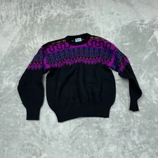 Vintage Womens Meister Wool Sweater L Black Purple Geometric Pattern Warm  6349
