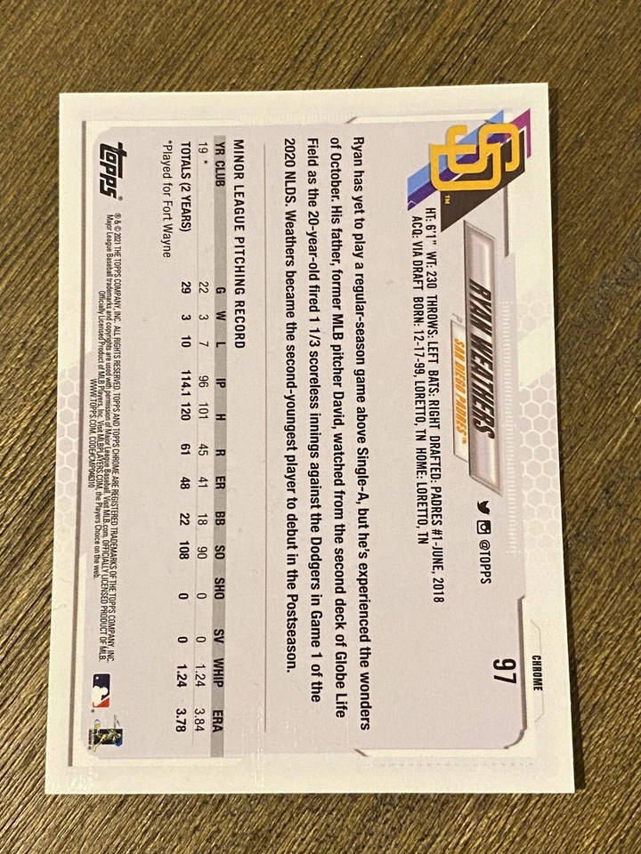 2021 Topps Chrome Baseball Ryan Weathers💎PRIZM REFRACTOR💎RC Rookie #97 Padres - Image 3 of 3