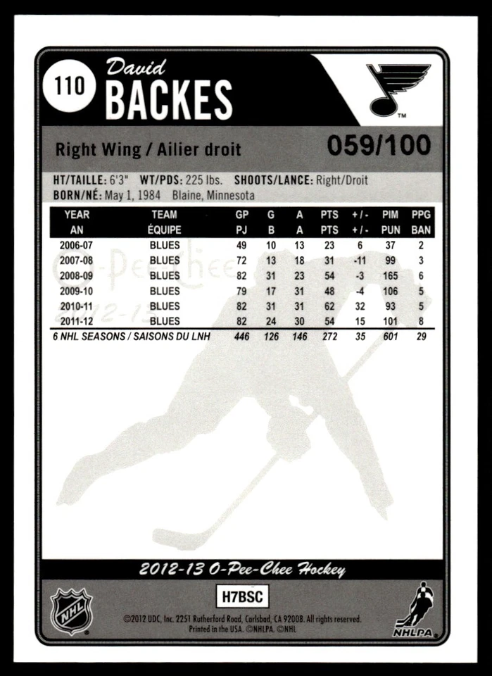 2012-13 O-Pee-Chee FOIL /100 David Backes St. Louis Blues #110 - Image 2 of 2