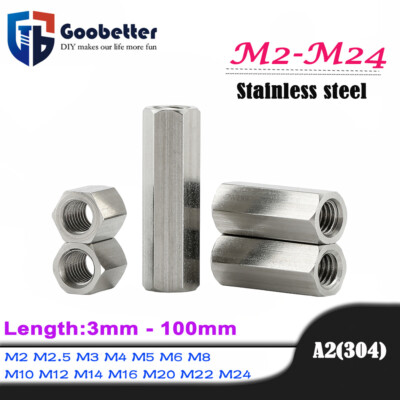 M2 M2.5 M3 M4 M5-M24 A2 STAINLESS STEEL HEX CONNECTOR NUTS THREADED ROD COUPLERS