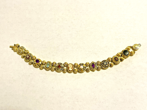 Vintage Solid Yellow Gold Diamonds Multi Gemstone Slide Charm Bracelet 7" - Picture 2 of 7