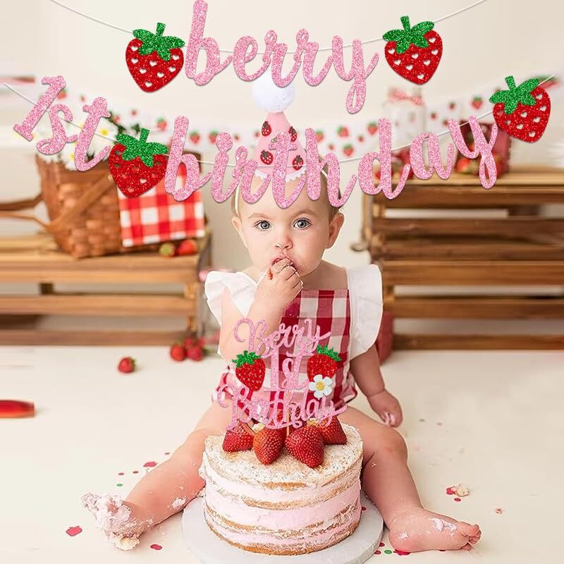 Berry First Birthday Banner – Glitzer-Erdbeer-Banner Für Den 1. Geburtstag (rosa)