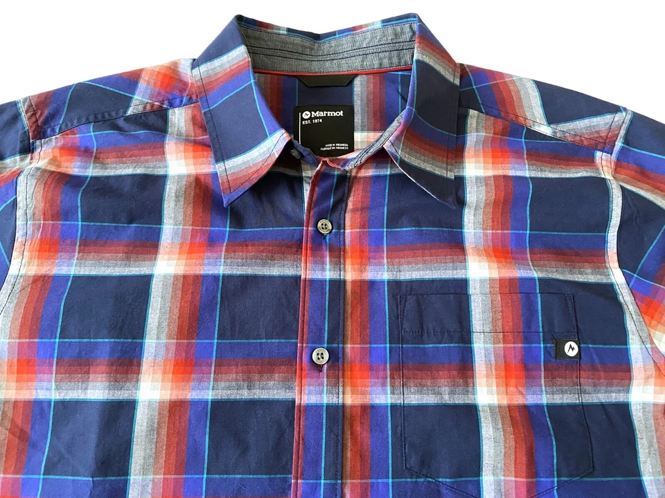 Marmot - Men's Large Blue Red Plaid Short Sleeve Button Up Casual Shirt - Image 3 of 4