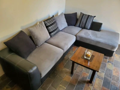 Grey Suede Harvey Norman Corner Sofa In Very Good Condition