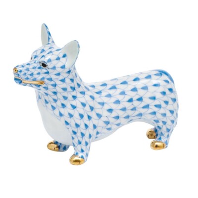 HEREND,  CORGI DOG,  BLUE FISHNET #VHB-05390,  NEW,  MINT & BOX!