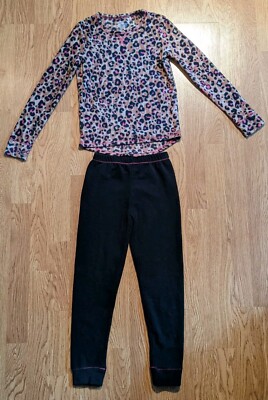 Girls Brown Leopard Print Climateright Cuddl Duds Long Johns Fleece Set 