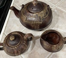 TEA SET FOOTED JAPAN BROWN STONEWARE CREAMER SUGAR BOWL W/LID MARBLING DESIGN