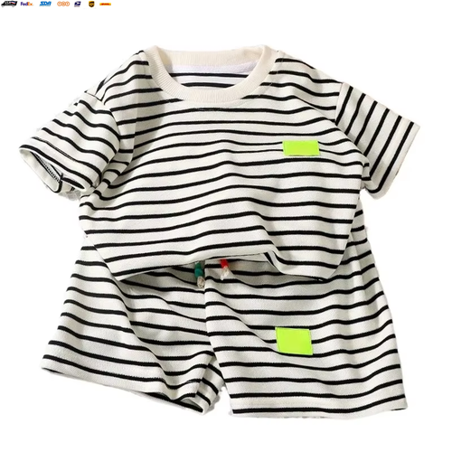 Summer Baby Boy Girls Clothes Set Children Stripe Tshirts and Shorts 2 Pieces Su