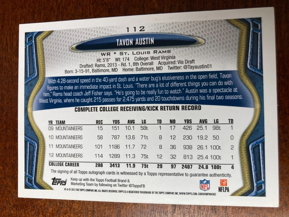 2013 Topps Tavon Austin Auto RC Autograph - Image 2 of 2