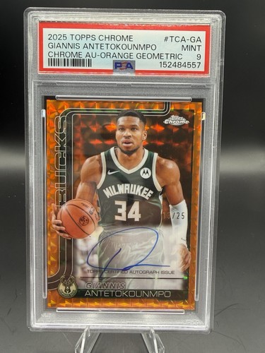 2025-26 Topps Chrome Giannis Antetokounmpo Orange Refractor Auto #13/25 PSA 9
