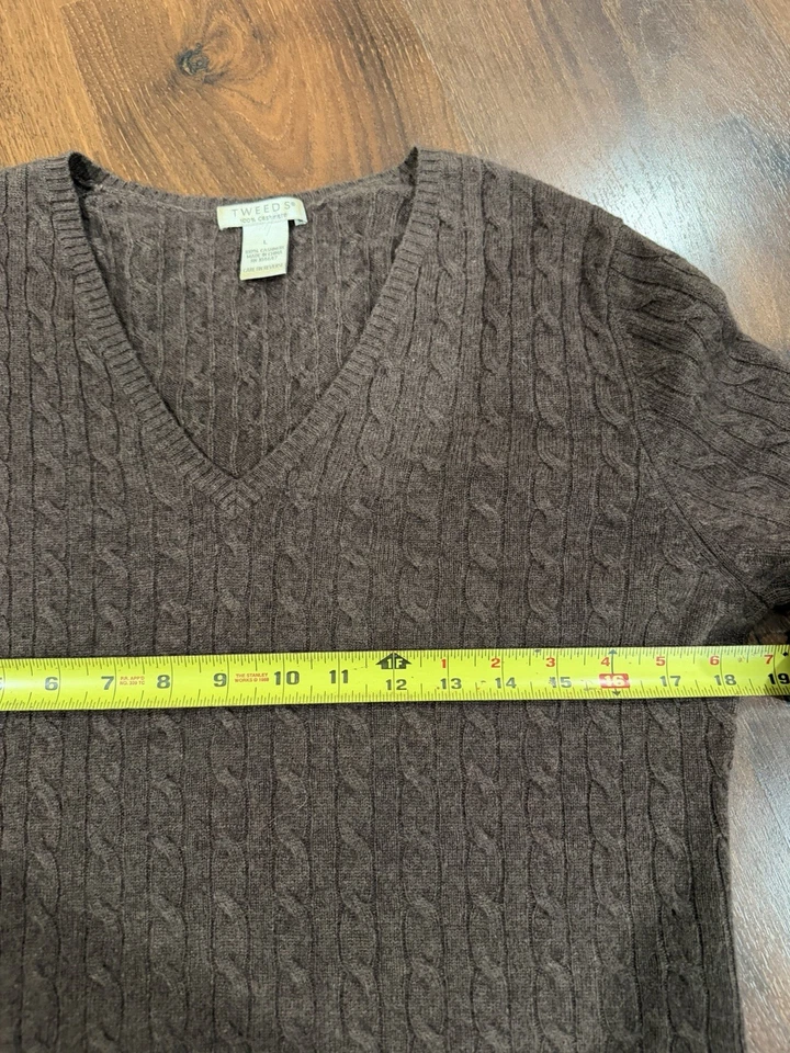 Tweeds 100% Cashmere Sweater L Brown Heather Pullover Cable Knit V-Neck - Image 4 of 4