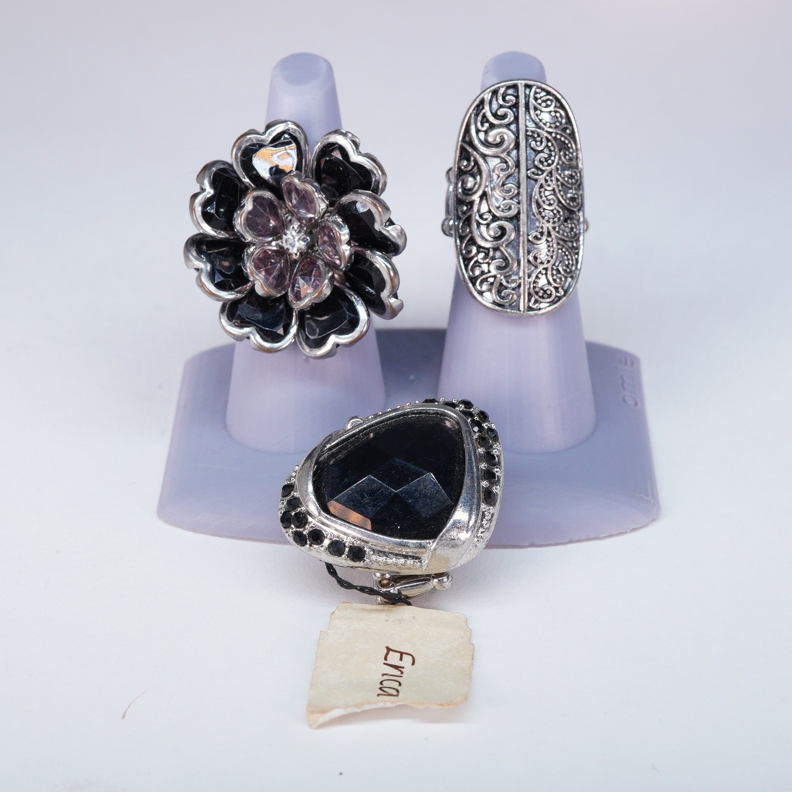 Lot 3 Adjustable Gothic Statement Rings Black Flo… - image 9