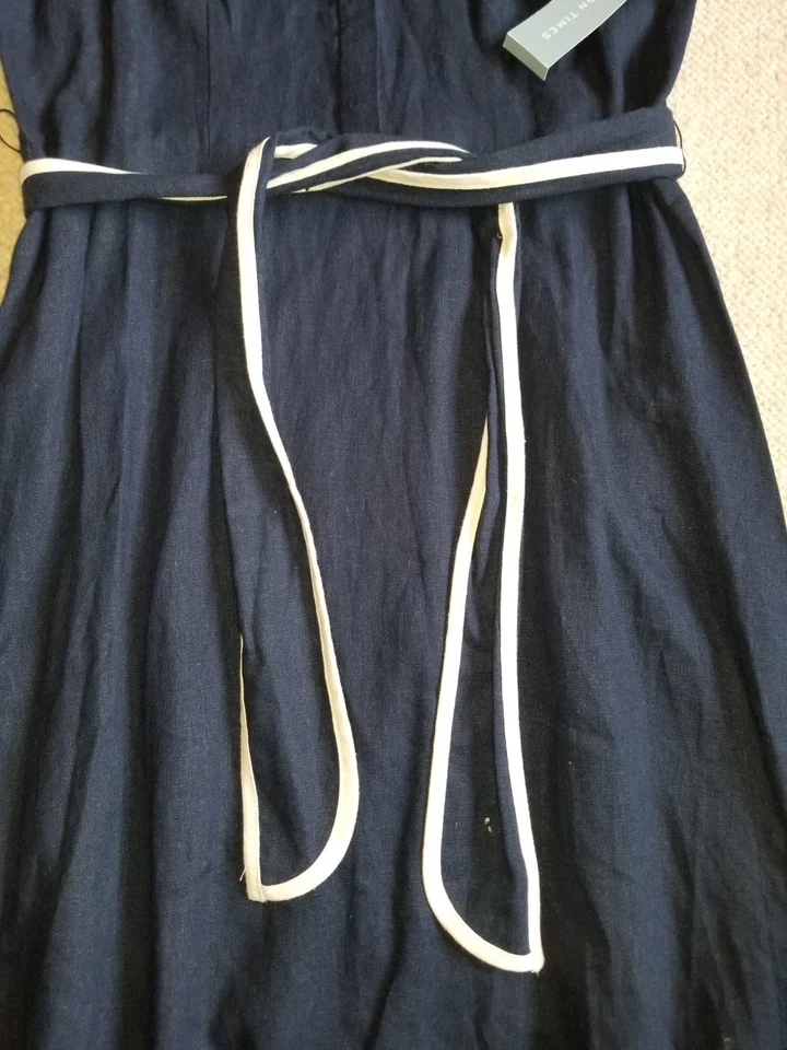 全新带标签女式礼服-伦敦时代-海军蓝亚麻“抛光学院风经典腰带衬衫”-14 — 第 3/4 张图片