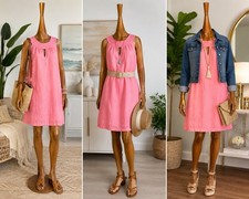 C&C California 100% Linen Pink Shift Dress L Pink Sleeveless Keyhole Midi Casual