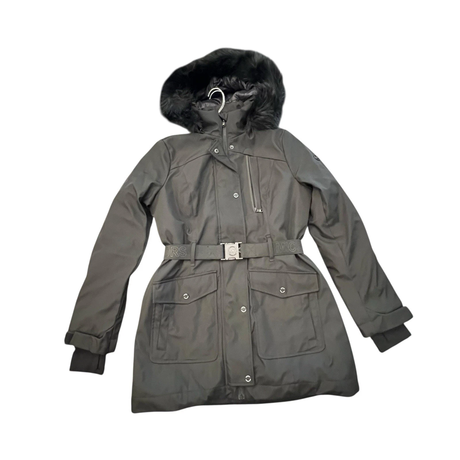 NUOVO cappotto invernale lungo nero Michael Kors cintura piccolo pelliccia sintetica cappuccio rimovibile