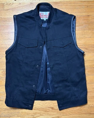 Lil Joes Legendary Leathers Biker Denim Vest Size S Made in USA Leather Trim SOA - Image 1 of 4