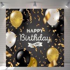 8x8ft Luxury Black Gold Happy Birthday Backdrop Balloon Gold Ribbon 8x8ft