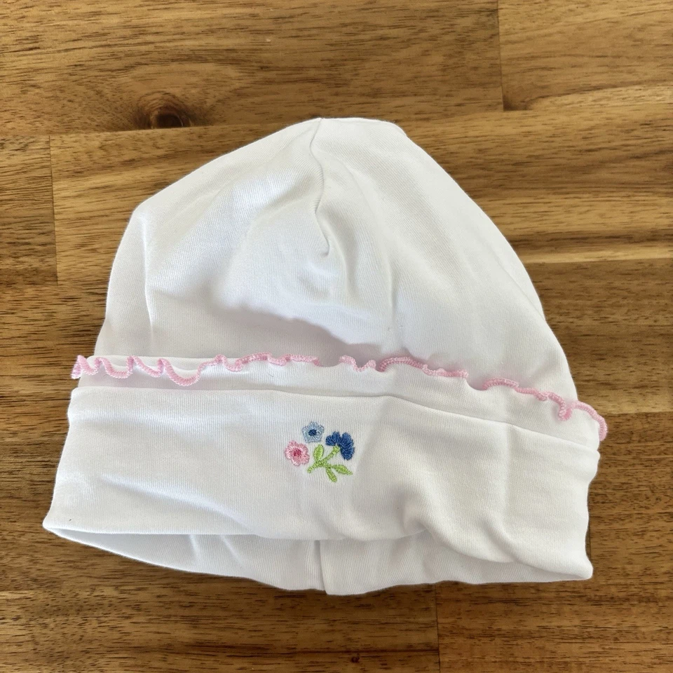Sombrero Kissy Kissy Bebé Blanco Pima Algodón Rosa Flor Bordado Talla Pequeña Clásico Foto 2 de 4