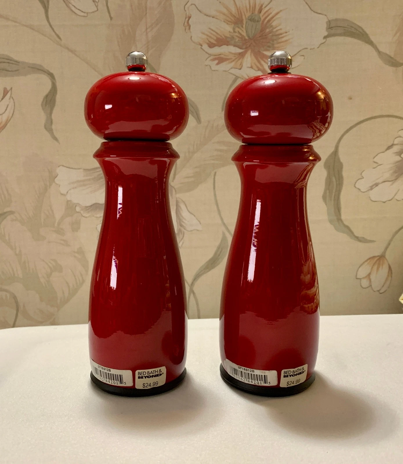 Set of Two (2) Trudeau Scarlet Red Lacquered Metal Manual Salt & Pepper Mills