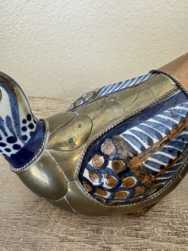 Vintage Set of 2 Mexican Brass Armored Tonala Blue Ceramic Duck Figurines - Picture 4 of 24