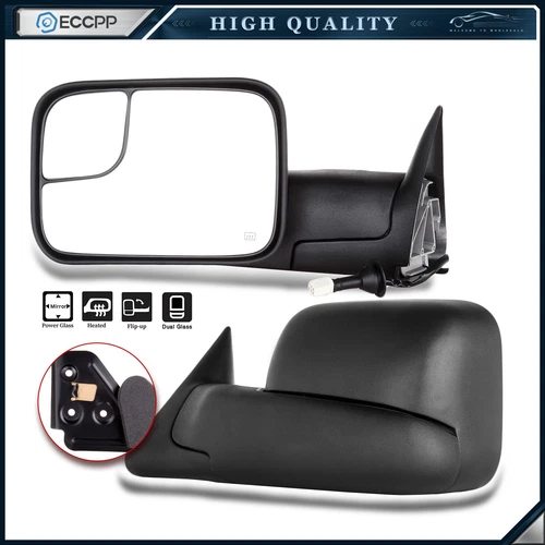 Pair Power Heated Tow Mirrors For 98-01 Dodge Ram 1500 / 98-02 2500 3500 Flip up