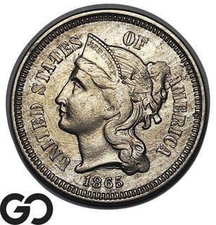 1865 Three Cent Nickel 3CN About Uncirculated Civil War Era Type Coin