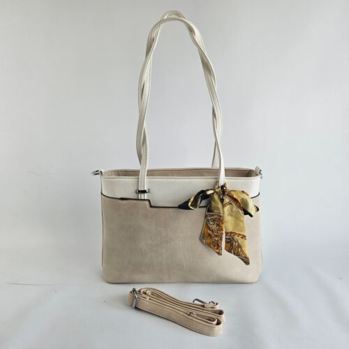 Damen Shopper Mittelgroß Handtasche Schultertasche 2 Fach Tasche Beige/ Creme - Bild 2 von 14
